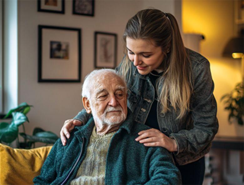 Older man seated indoors, with a family member standing behind him, smiling and offering a comforting touch on his shoulders.