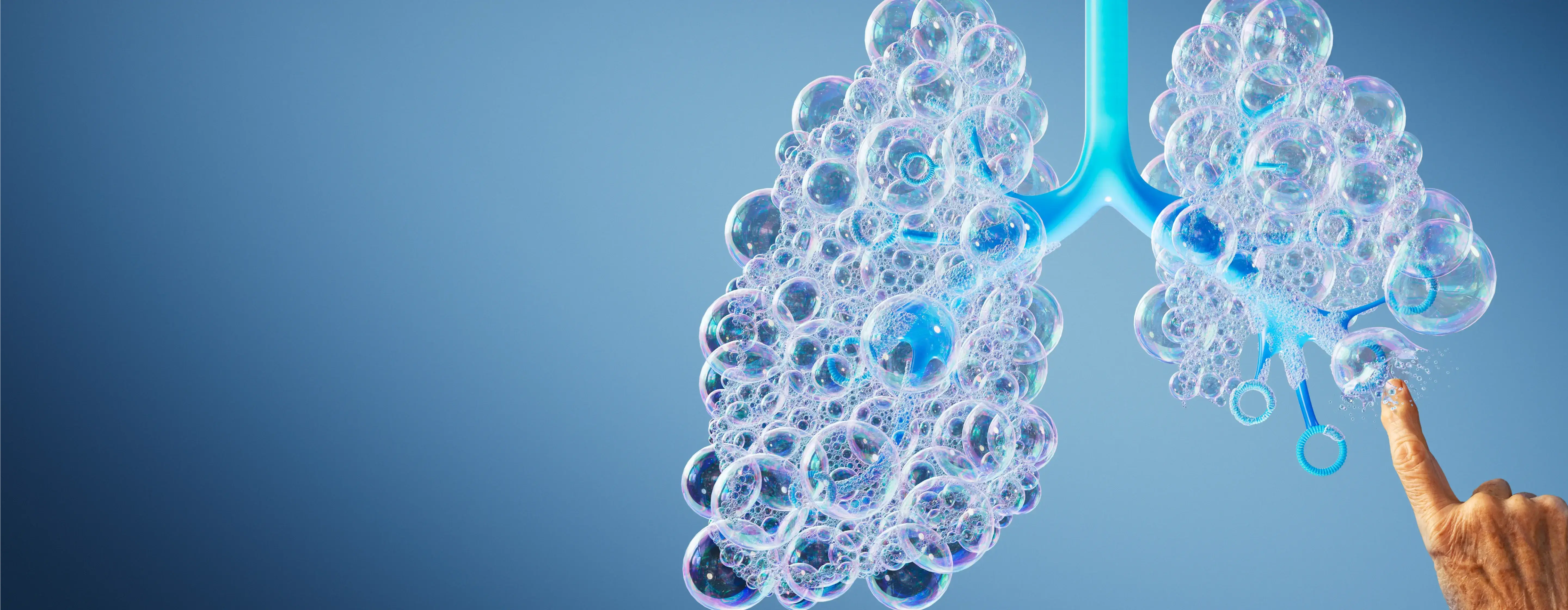 Des bulles amassées forment des poumons et un doigt en éclate une