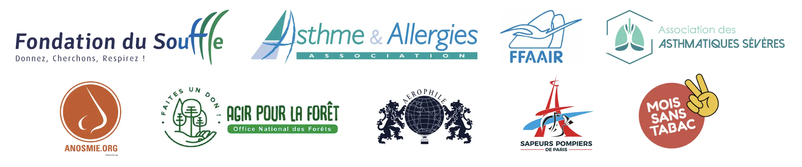 Logos des associations partenaires : Fondation du Souffle, Asthme & Allergies, FFAIR, Association des Asthmatiques Sévères, Agir pour la Forêt, Aérophile, Sapeurs Pompiers de Paris, Mois sans Tabac et Anosmie.org
